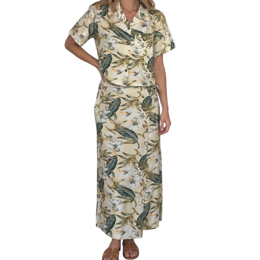 Tommy Bahama Silk Tropical Floral Shirt and Wrap Maxi Skirt Set Cream Size 6